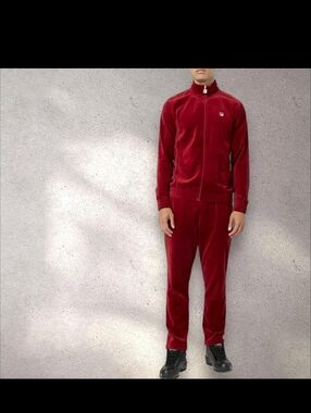 Men's Fila Solid Burgundy Velour Casual Outfit 2 Piece Set Tracksuits Medium